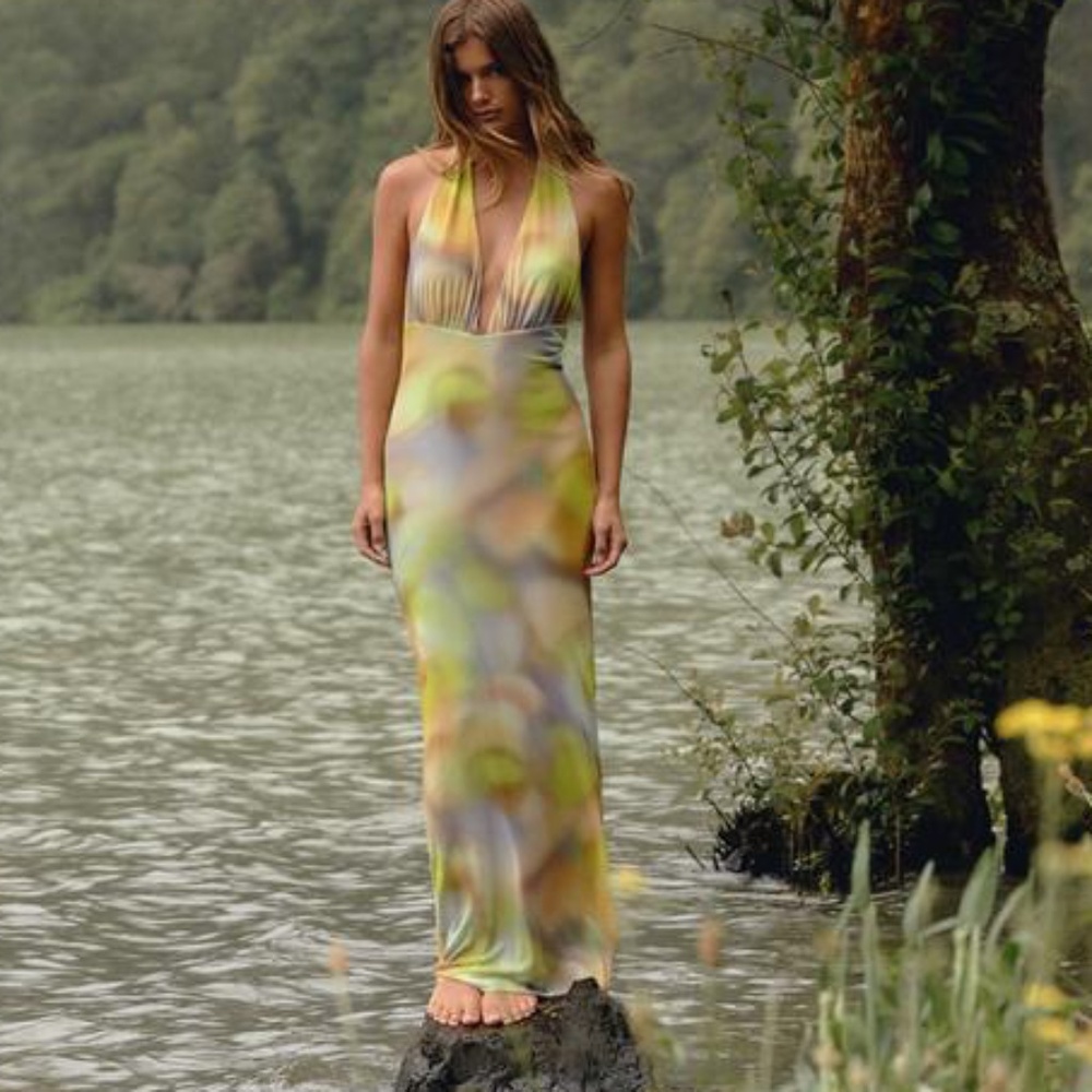 NWT ZARA PRINTED TULLE MIDI HALTER DRESS XS